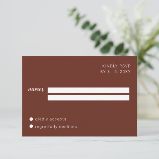 Earthy Boho Minimalist Script Calligraphy Wedding RSVP Kaartje (Staand voorkant)