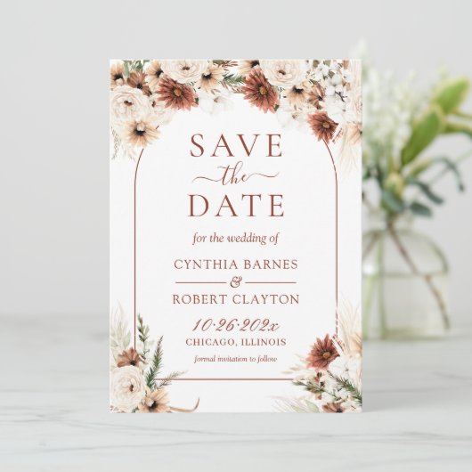 Earthy Boho Pampas Grass Floral Arch Foto Save The Date (Staand voorkant)