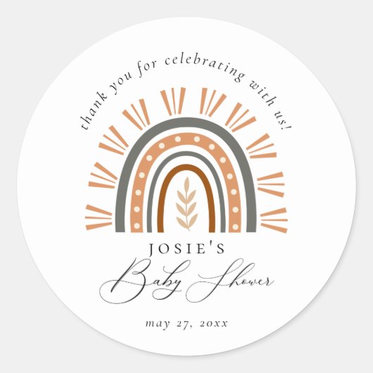 Earthy Boho Rainbow Dank u Baby shower Ronde Sticker (Voorkant)