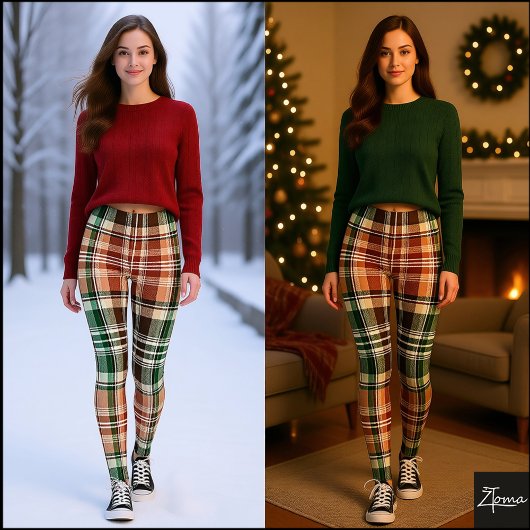 Earthy Brown Green Khaki Flannel Plaid Leggings