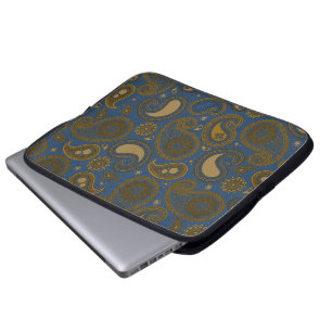 Earthy Brown Paisley-patroon op blauwe weefsels Laptop Sleeve
