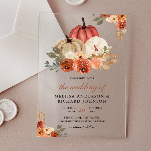 Earthy Burnt Orange Floral Pumpkin Wedding Acryl Uitnodigingen