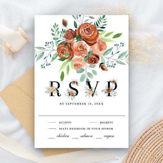 Earthy Burnt Oranje Roos Terracotta Floral Wedding RSVP Kaartje