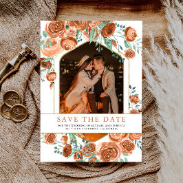 Earthy Burnt Oranje Roos Terracotta Floral Wedding Save The Date