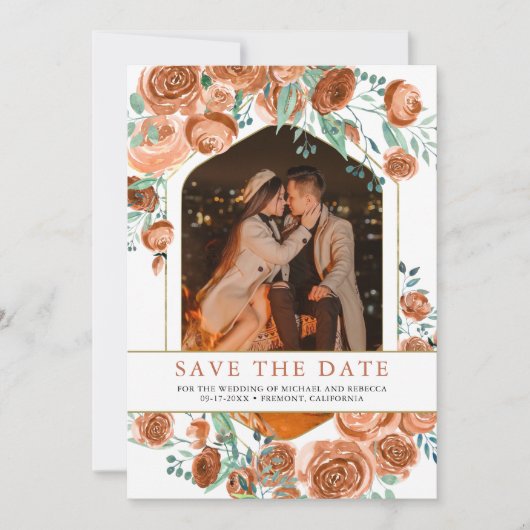 Earthy Burnt Oranje Roos Terracotta Floral Wedding Save The Date (Voorkant)