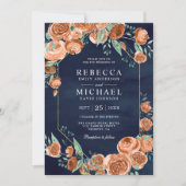 Earthy Burnt Oranje Rozen Floral Navy Blue Wedding Kaart (Voorkant)