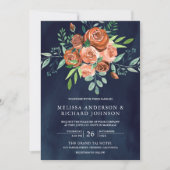 Earthy Burnt Oranje Rozen Floral Navy Blue Wedding Kaart (Voorkant)