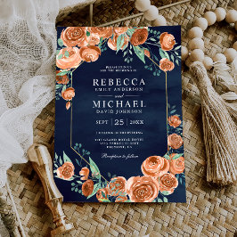 Earthy Burnt Oranje Rozen Floral Navy Blue Wedding Kaart