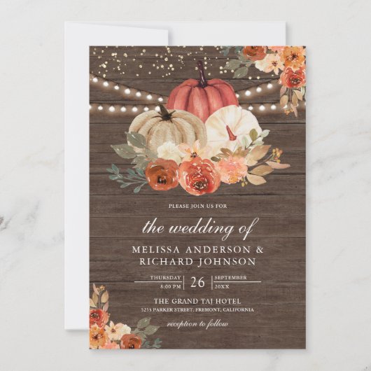 Earthy Burnt Sinaasappel Floral Pumpkin Wood Wedde Kaart (Voorkant)