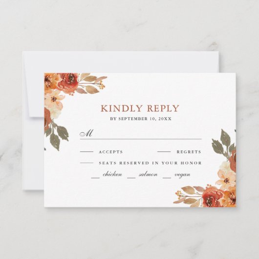 Earthy Burnt Sinaasappel Floral Terracotta Wedding RSVP Kaartje (Voorkant)