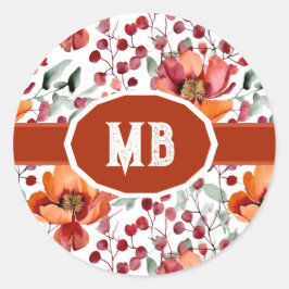 Earthy Colors, Fall Flowers Monogrammed Ronde Sticker