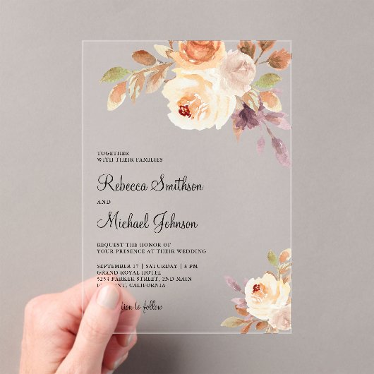 Earthy Dusty Peach Floral Wedding Acryl Uitnodigingen (Insitu (Draagbaar))