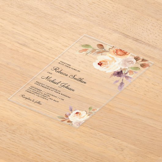 Earthy Dusty Peach Floral Wedding Acryl Uitnodigingen (Laagn)