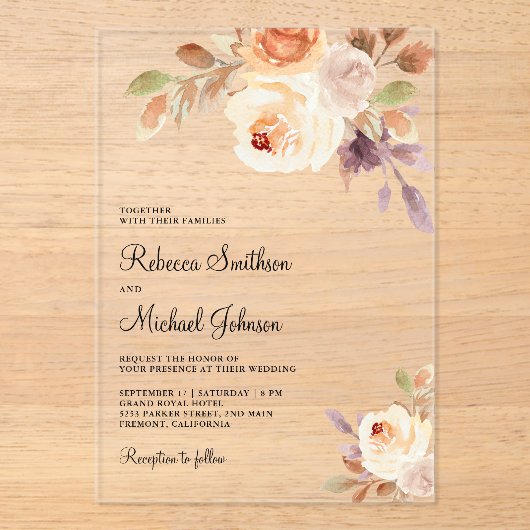 Earthy Dusty Peach Floral Wedding Acryl Uitnodigingen (Voorkant)