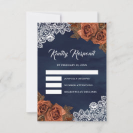 Earthy Dusty Terracotta Rose Navy Blue Wedding RSVP Kaartje