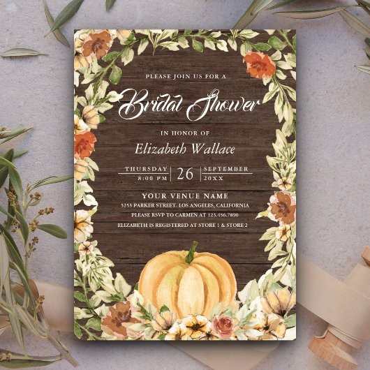 Earthy Floral Barn Wood Pumpkin Vrijgezellenfeest Kaart