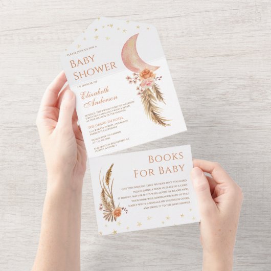 Earthy Floral Pampas Crescent Moon Baby shower All In One Uitnodiging (Afscheurbaar)