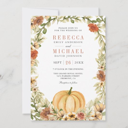 Earthy Floral Pumpkin Terracotta QR Code Weddensch Kaart (Voorkant)