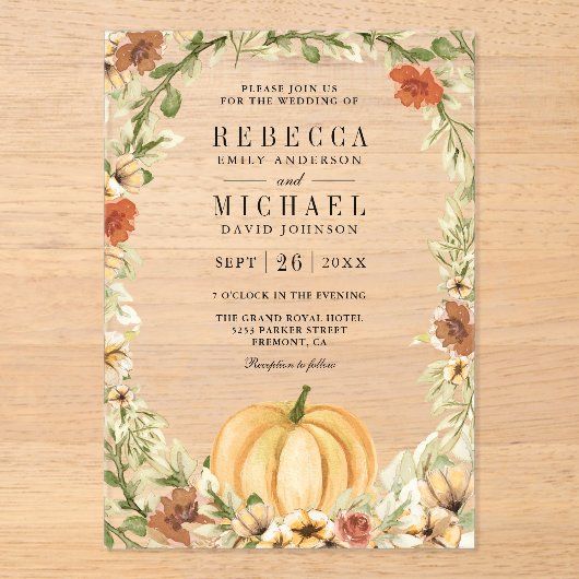 Earthy Floral Pumpkin Terracotta Wedding Acryl Uitnodigingen (Voorkant)