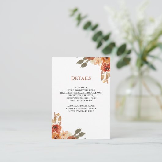 Earthy Floral Terracotta Wedding Details Informatiekaartje (Staand voorkant)