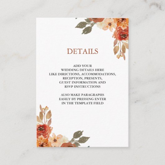 Earthy Floral Terracotta Wedding Details Informatiekaartje (Voorkant)