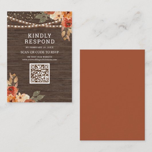 Earthy Floral Wood Terracotta QR Code RSVP Weddens Informatiekaartje (Voorkant / Achterkant)