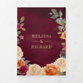 Earthy Floral Wreath QR Code Burgundy Wedding Drieluik Uitnodiging (Cover)