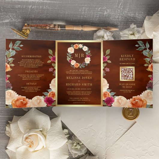 Earthy Floral Wreath QR Code Terracotta Wedding Drieluik Uitnodiging