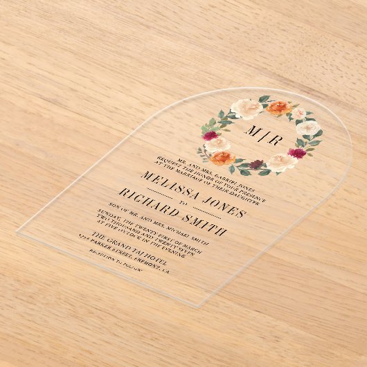 Earthy Floral Wreath Wedding Acryl Uitnodigingen (Laagn)