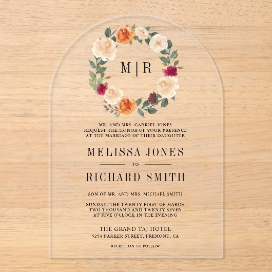 Earthy Floral Wreath Wedding Acryl Uitnodigingen (Voorkant)
