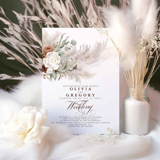 Earthy Flowers en Pampas Grass Bohemian Wedding Kaart