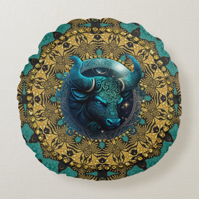 Earthy Gold Blauwgroen Tribal Taurus Zodiac Rond Kussen (Voorkant)