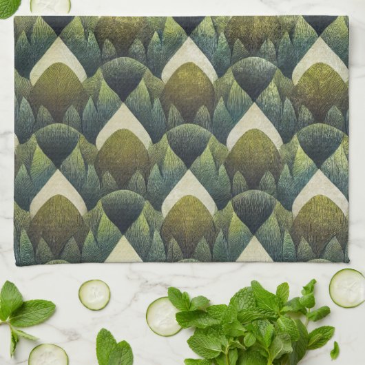 Earthy Green Art Deco Fan Pattern (5) Theedoek (Gevouwen)