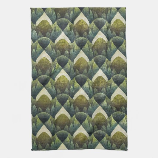 Earthy Green Art Deco Fan Pattern (5) Theedoek (Verticaal)