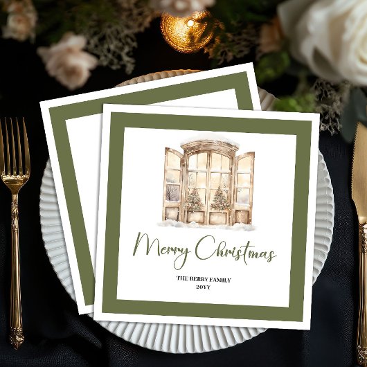 Earthy Green Christmas Door Personalized Napkins Servet