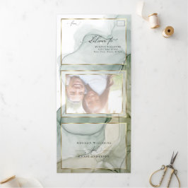 Earthy Greens and Golds Abstract Ink Tri-Fold Inv Drieluik Uitnodiging