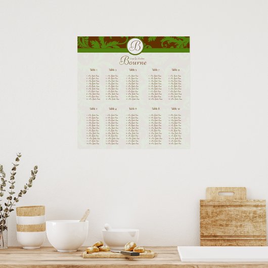 Earthy Hues Green Damask Seating Chart 10 Tables Poster (Keuken)