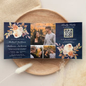 Earthy Ivory Floral Navy Blue QR Code Weddenschap Drieluik Uitnodiging