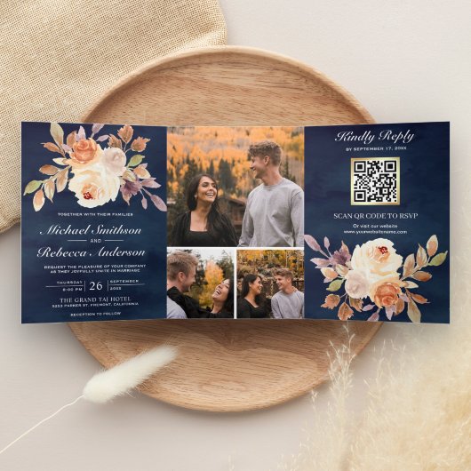 Earthy Ivory Floral Navy Blue QR Code Weddenschap Drieluik Uitnodiging