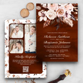 Earthy Ivory Floral QR Code Terracotta Wedding Kaart
