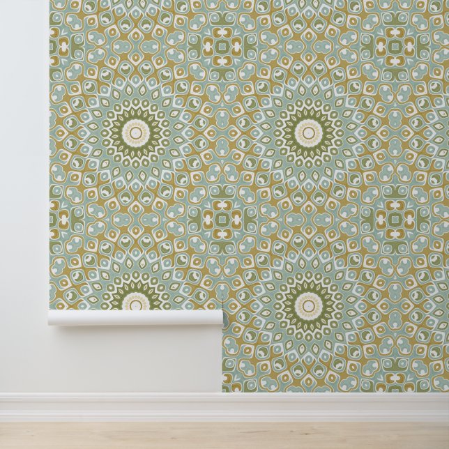 Earthy Mandala in Green, Gold, and Soft Blue Behang (Applicatie)
