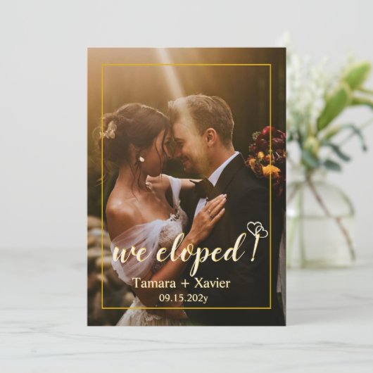 Earthy Mustard We Eloped Wedding Announcement Kaar Aankondiging (Staand voorkant)