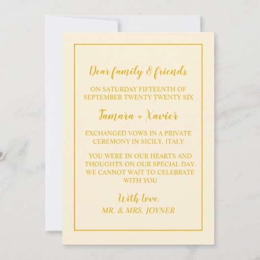 Earthy Mustard We Eloped Wedding Announcement Kaar Aankondiging (Achterkant)