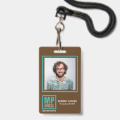 Earthy Natural Brown Turquoise Monogram Logo Foto Badge (Voorzijde met lanyard)