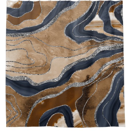 Earthy Navy Blue Marble Agate Silver Glitter 1 Douchegordijn (Voorkant)