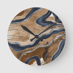 Earthy Navy Blue Marble Agate Silver Glitter 1 Ronde Klok