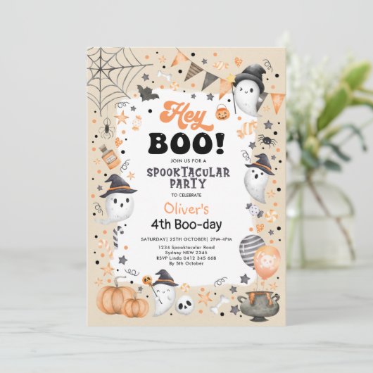 Earthy Oranje Black Halloween Ghost Boy Birthday Kaart (Staand voorkant)