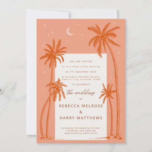 Earthy Palm Trees oranje boho bruiloft-uitnodiging Kaart (Voorkant)