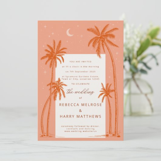 Earthy Palm Trees oranje boho bruiloft-uitnodiging Kaart (Staand voorkant)