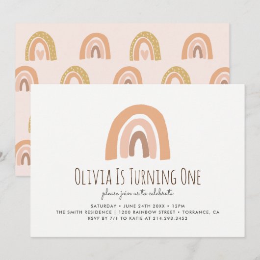 Earthy Pastel Rainbow 1st Birthday Invitation Kaart (Voorkant / Achterkant)